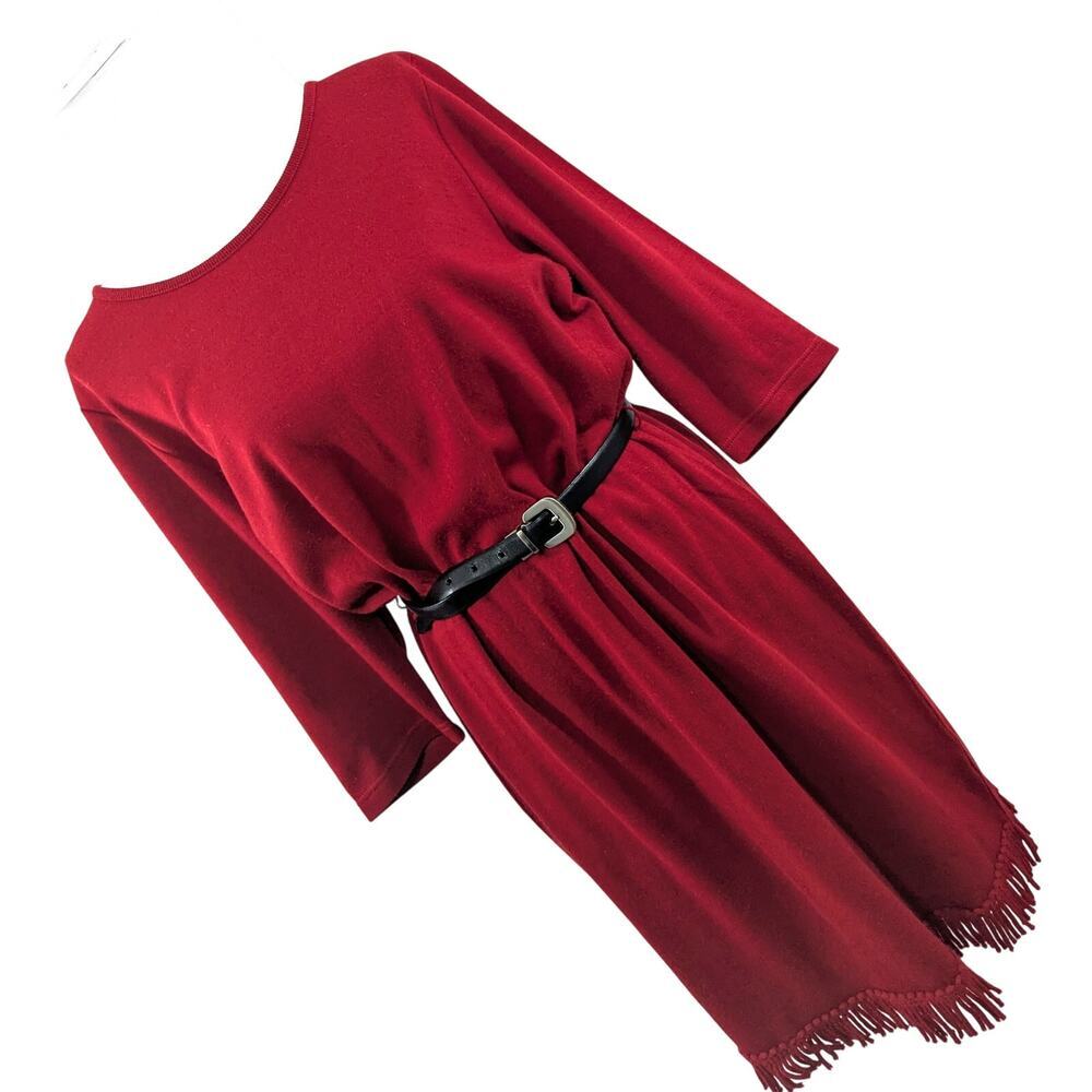 NINA LEONARD! RICH CARDINAL RED KNIT, FRINGED HEMLINE SWEATER DRESS! SZ XL